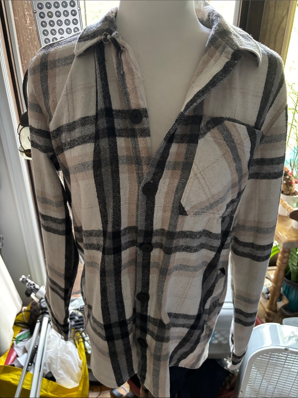 Women's Plaid Flannel Utility Jacket in Beige and Black
